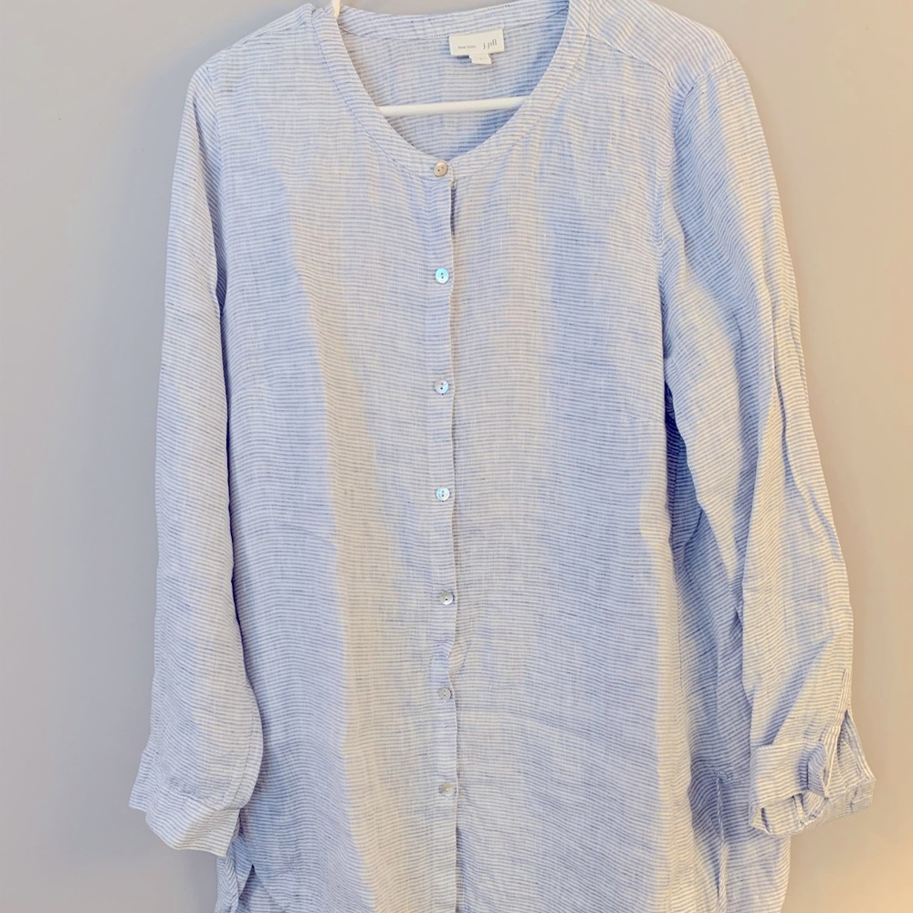 JJill linen tunic in blue and white stripe with tie detail at side